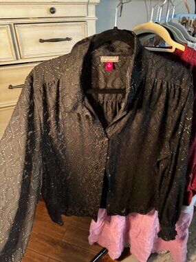 Vince Camuto Black Metallic Print Blouse XL Sheer Long Sleeve Dressy Top